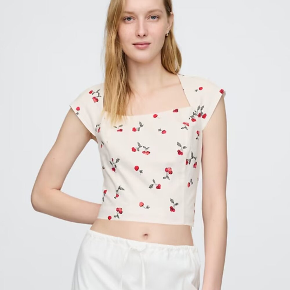 NWT Cherry Print Linen-Blend Cap-Sleeve Crop Top XL